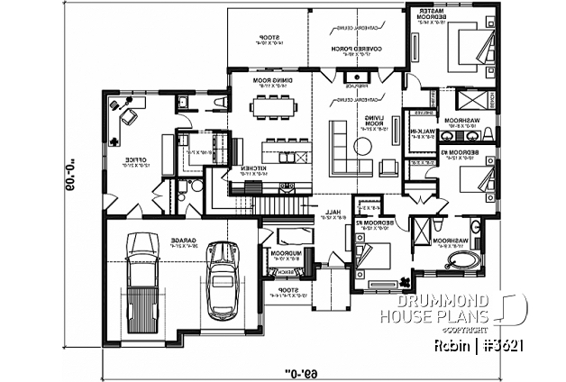 1st level - 3 to 6 bedroom ranch style house plan, home office, 2-car garage, kitchen with walk-in pantry - Robin