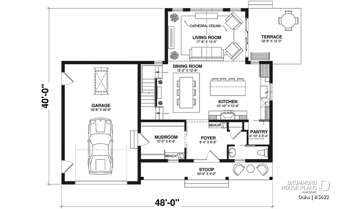 1st level - Bright country home plan with cathedral ceiling, rustic charm, and a spacious primary suite. - Oaks