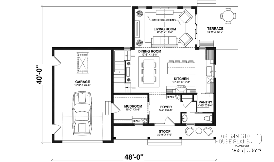 1st level - Bright country home plan with cathedral ceiling, rustic charm, and a spacious primary suite. - Oaks