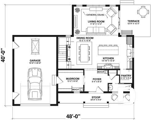 1st level - Bright country home plan with cathedral ceiling, rustic charm, and a spacious primary suite. - Oaks
