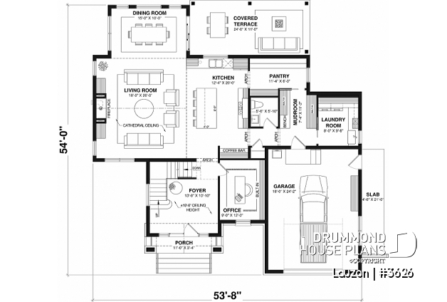 1st level of house plan 3626 1st level - Bright family home plan with large upstairs primary suite, optional finished basement, garage & covered patio - Lauzon