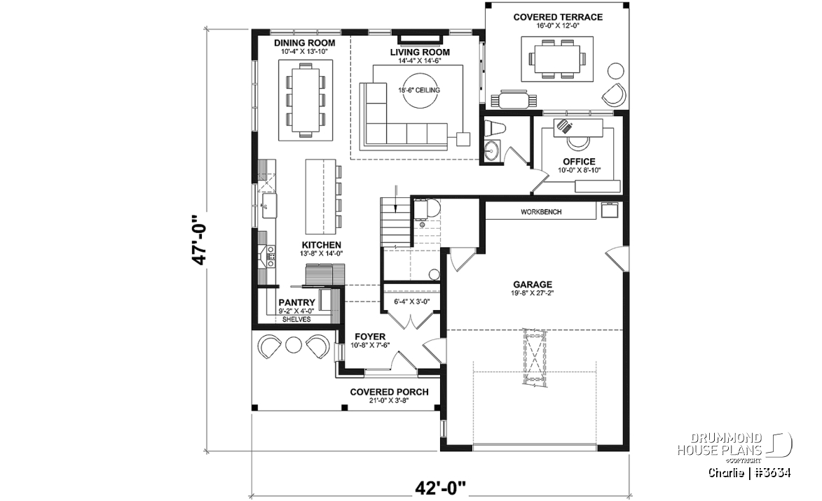 1st level - Farmhouse Home Design featuring 3 bedrooms, 2.5 bathrooms, garage with workshop area, and a covered terrace - Charlie