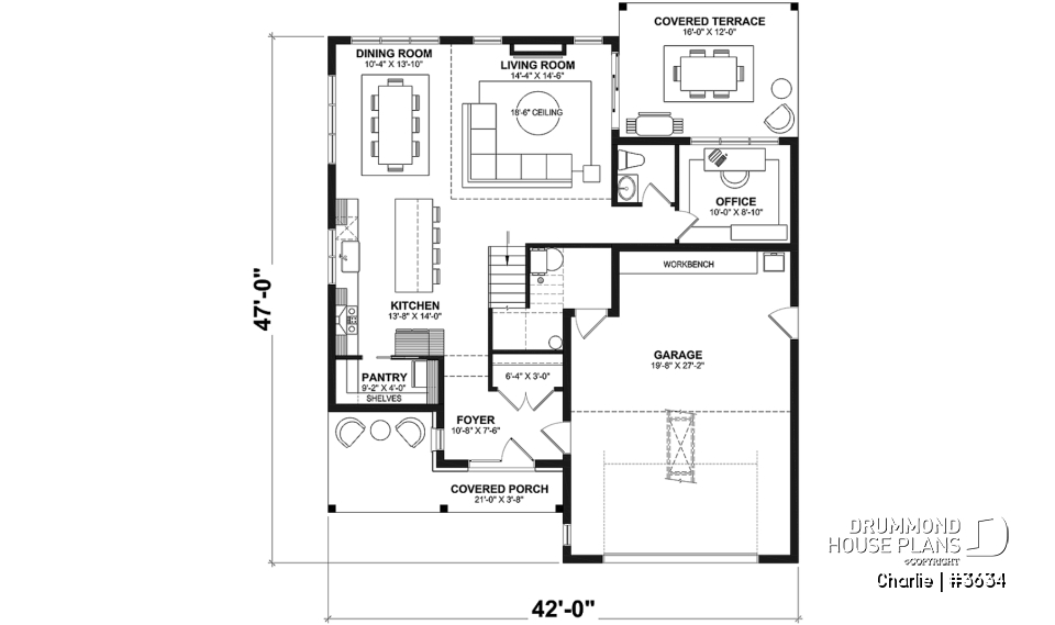 1st level - Farmhouse Home Design featuring 3 bedrooms, 2.5 bathrooms, garage with workshop area, and a covered terrace - Charlie