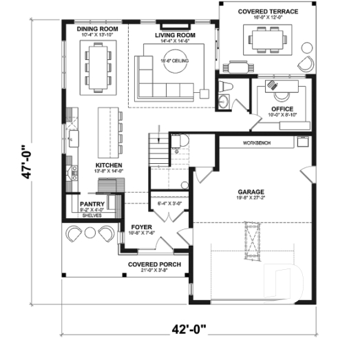 1st level - Farmhouse Home Design featuring 3 bedrooms, 2.5 bathrooms, garage with workshop area, and a covered terrace - Charlie