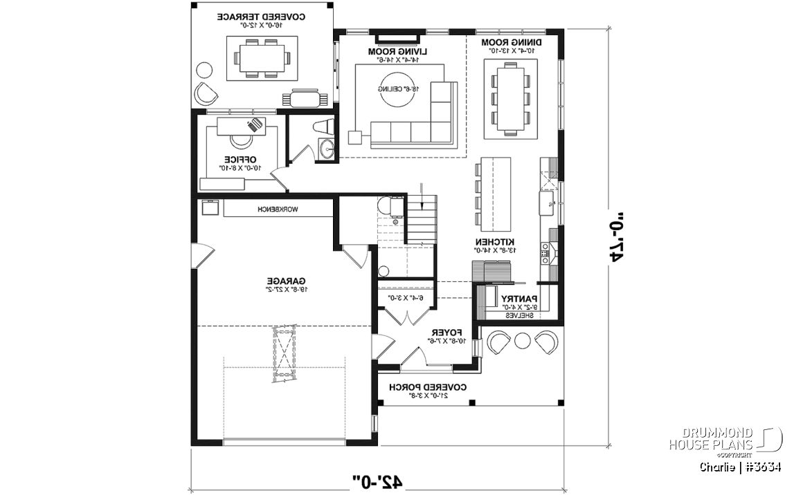 1st level - Farmhouse Home Design featuring 3 bedrooms, 2.5 bathrooms, garage with workshop area, and a covered terrace - Charlie