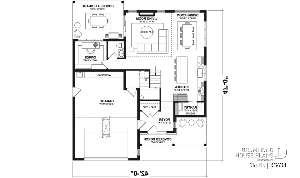 1st level - Farmhouse Home Design featuring 3 bedrooms, 2.5 bathrooms, garage with workshop area, and a covered terrace - Charlie