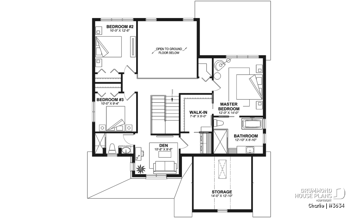 2nd level - Farmhouse Home Design featuring 3 bedrooms, 2.5 bathrooms, garage with workshop area, and a covered terrace - Charlie