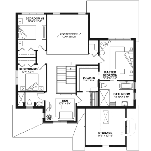 2nd level - Farmhouse Home Design featuring 3 bedrooms, 2.5 bathrooms, garage with workshop area, and a covered terrace - Charlie