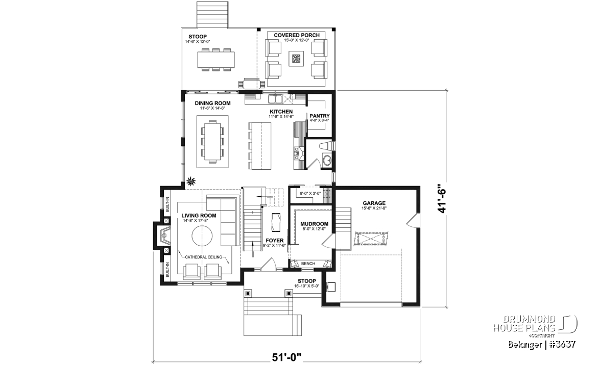 1st level - Modern farmhouse plan with 2 to 4 bedrooms, garage, great living room with fireplace, cathedral and built-ins - Belanger