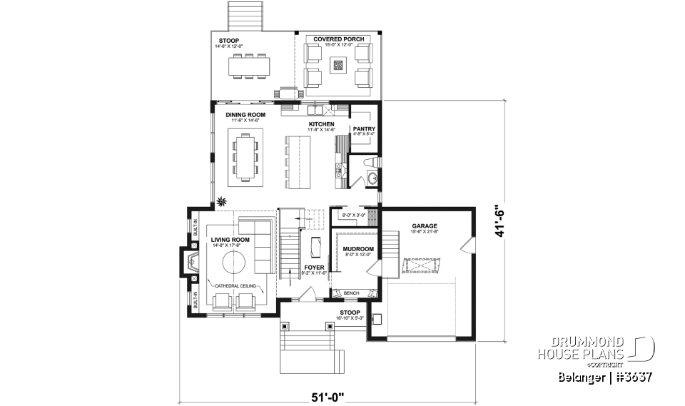 1st level - Modern farmhouse plan with 2 to 4 bedrooms, garage, great living room with fireplace, cathedral and built-ins - Belanger