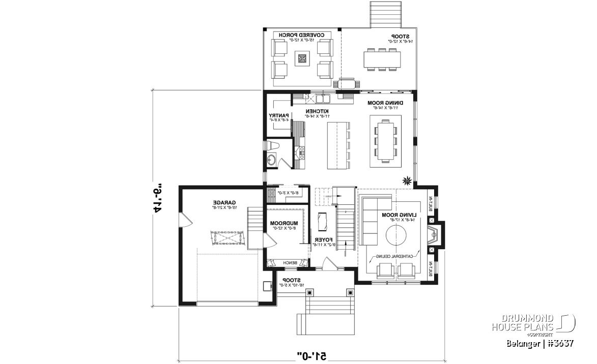1st level - Modern farmhouse plan with 2 to 4 bedrooms, garage, great living room with fireplace, cathedral and built-ins - Belanger