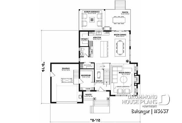 1st level - Modern farmhouse plan with 2 to 4 bedrooms, garage, great living room with fireplace, cathedral and built-ins - Belanger
