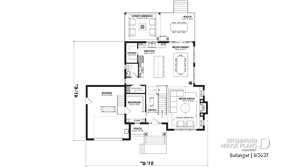 1st level - Modern farmhouse plan with 2 to 4 bedrooms, garage, great living room with fireplace, cathedral and built-ins - Belanger