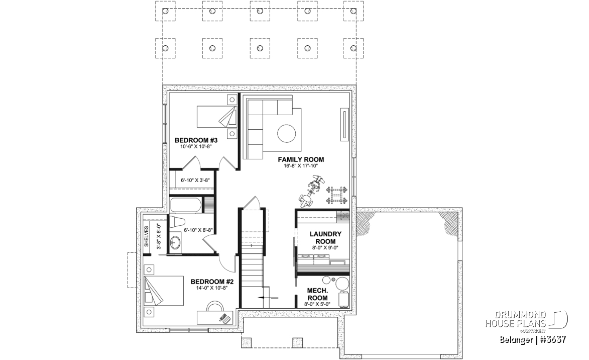 Finished basement (Optional $) - Modern farmhouse plan with 2 to 4 bedrooms, garage, great living room with fireplace, cathedral and built-ins - Belanger