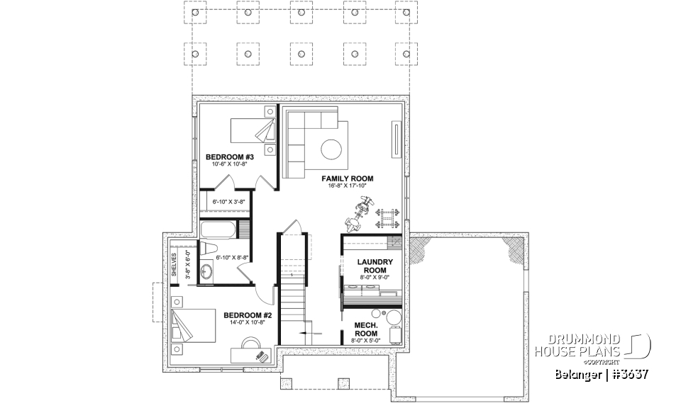 Finished basement (Optional $) - Modern farmhouse plan with 2 to 4 bedrooms, garage, great living room with fireplace, cathedral and built-ins - Belanger