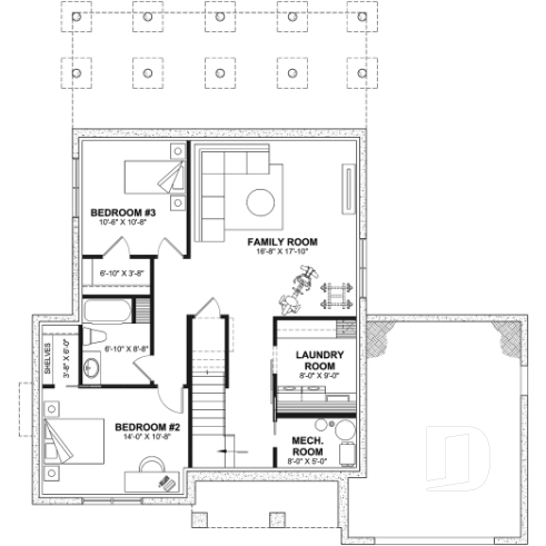 Finished basement (Optional $) - Modern farmhouse plan with 2 to 4 bedrooms, garage, great living room with fireplace, cathedral and built-ins - Belanger