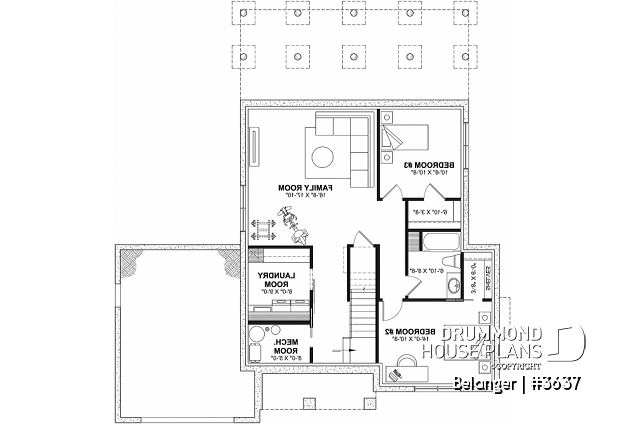 Finished basement (Optional $) - Modern farmhouse plan with 2 to 4 bedrooms, garage, great living room with fireplace, cathedral and built-ins - Belanger