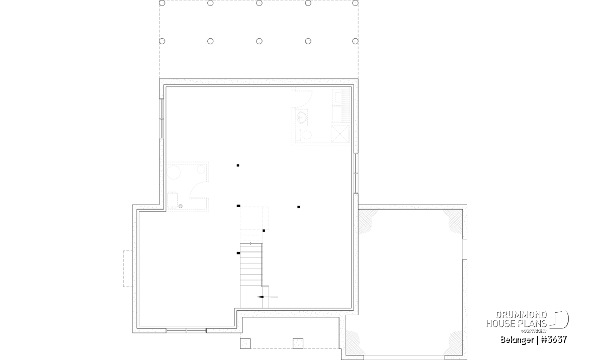 Unfinished basement - Modern farmhouse plan with 2 to 4 bedrooms, garage, great living room with fireplace, cathedral and built-ins - Belanger