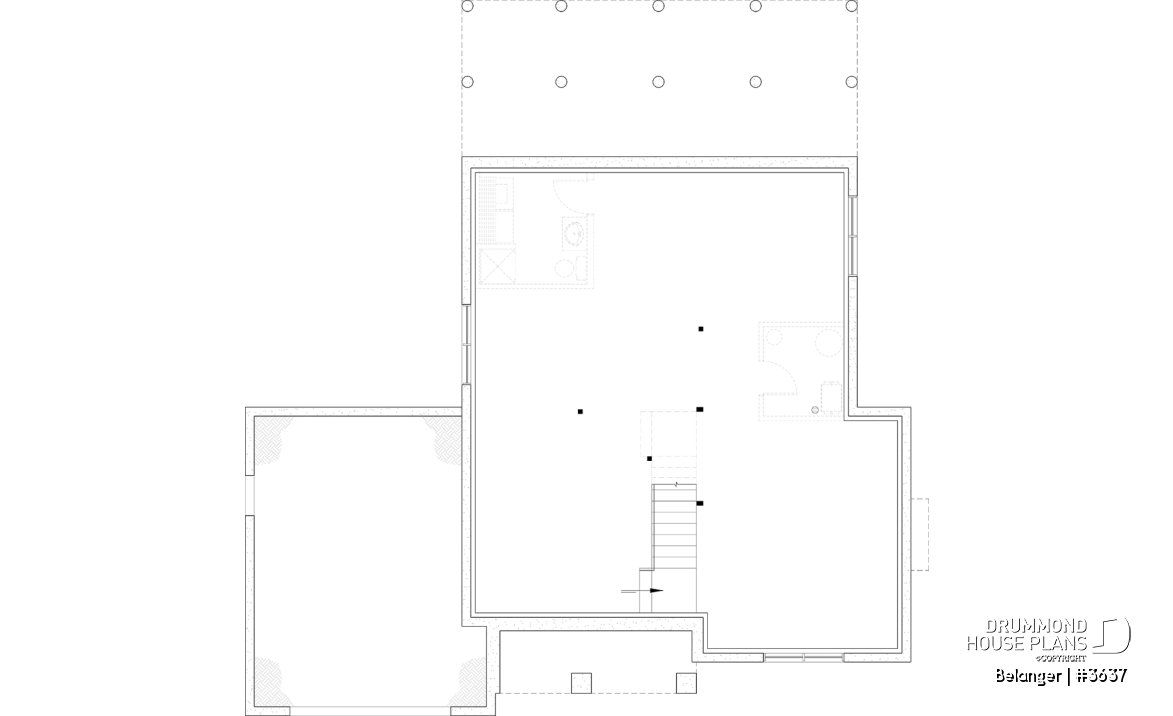 Unfinished basement - Modern farmhouse plan with 2 to 4 bedrooms, garage, great living room with fireplace, cathedral and built-ins - Belanger