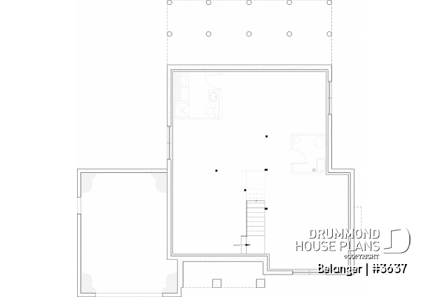 Unfinished basement - Modern farmhouse plan with 2 to 4 bedrooms, garage, great living room with fireplace, cathedral and built-ins - Belanger