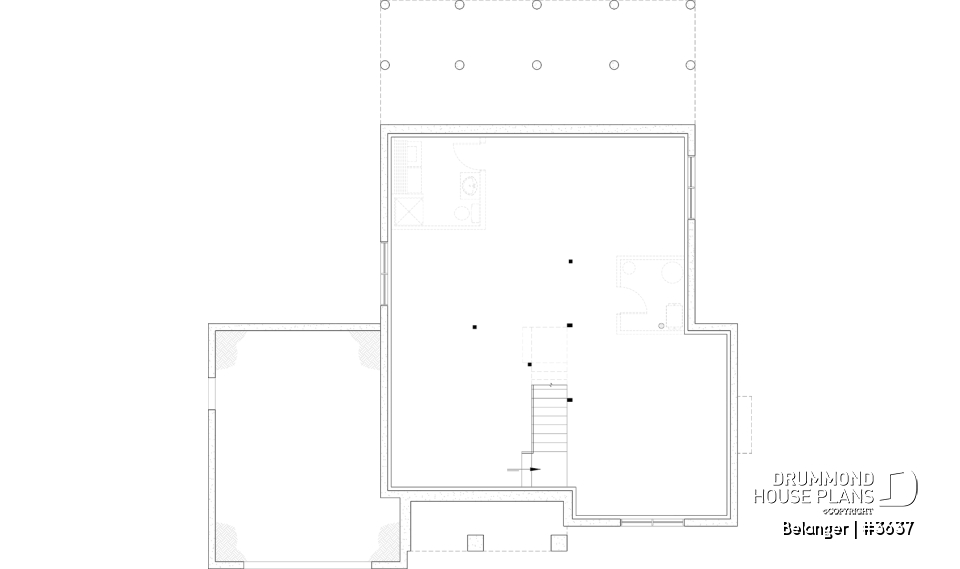 Unfinished basement - Modern farmhouse plan with 2 to 4 bedrooms, garage, great living room with fireplace, cathedral and built-ins - Belanger