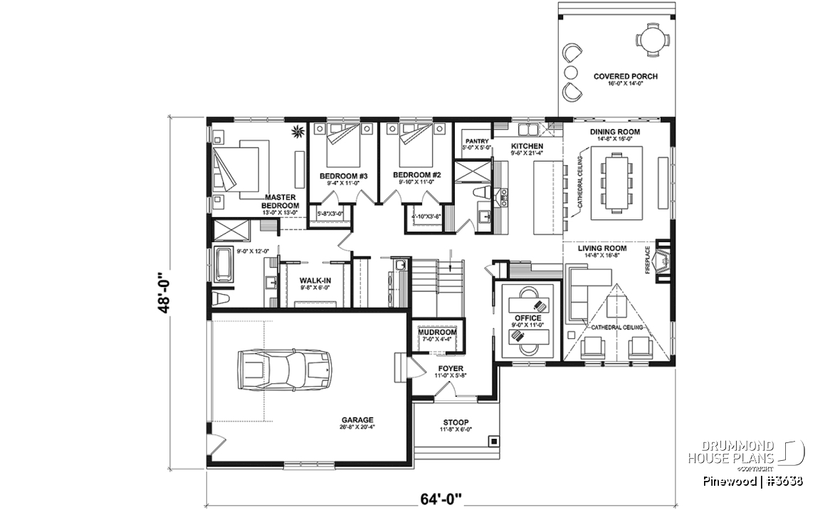 1st level - Large one-story modern farmhouse, master suite + 2 bedrooms, den, cathedral ceiling, garage - Pinewood