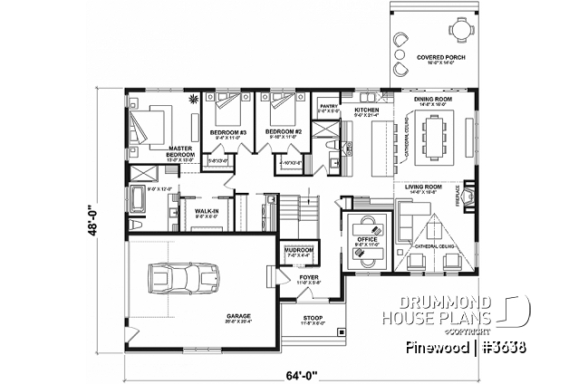 1st level - Large one-story modern farmhouse, master suite + 2 bedrooms, den, cathedral ceiling, garage - Pinewood