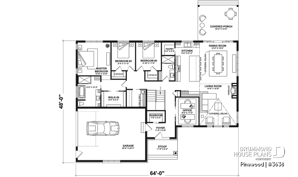 1st level - Large one-story modern farmhouse, master suite + 2 bedrooms, den, cathedral ceiling, garage - Pinewood