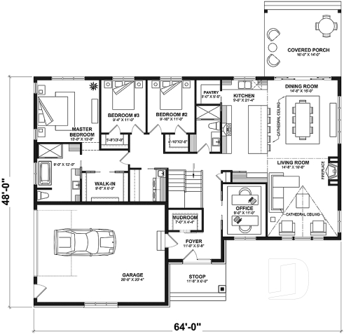 1st level - Large one-story modern farmhouse, master suite + 2 bedrooms, den, cathedral ceiling, garage - Pinewood