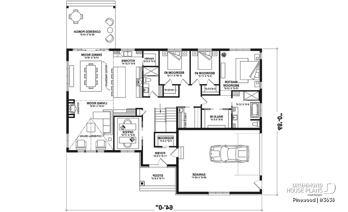 1st level - Large one-story modern farmhouse, master suite + 2 bedrooms, den, cathedral ceiling, garage - Pinewood