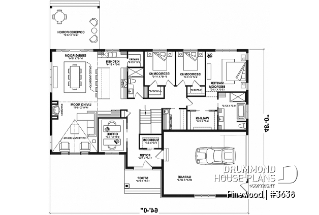 1st level - Large one-story modern farmhouse, master suite + 2 bedrooms, den, cathedral ceiling, garage - Pinewood