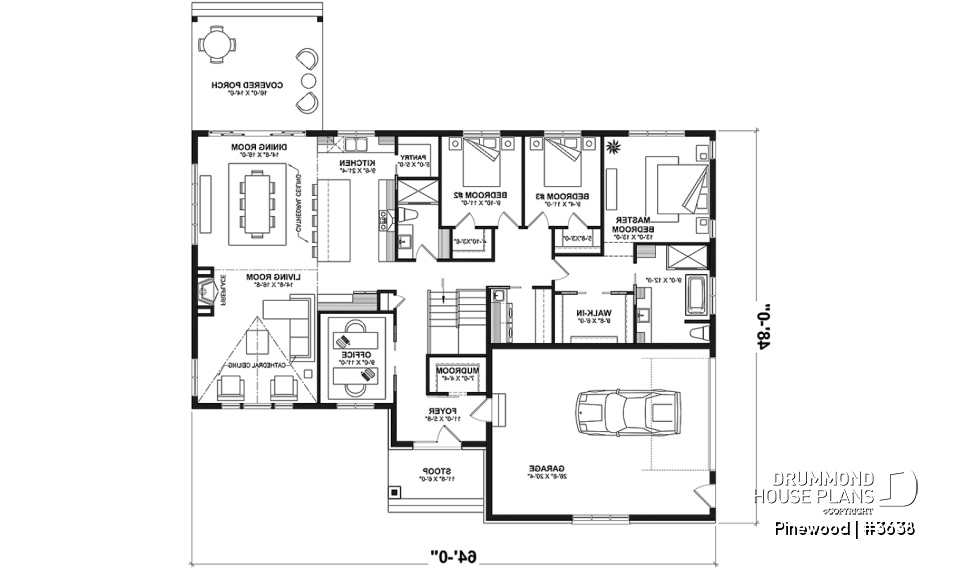 1st level - Large one-story modern farmhouse, master suite + 2 bedrooms, den, cathedral ceiling, garage - Pinewood