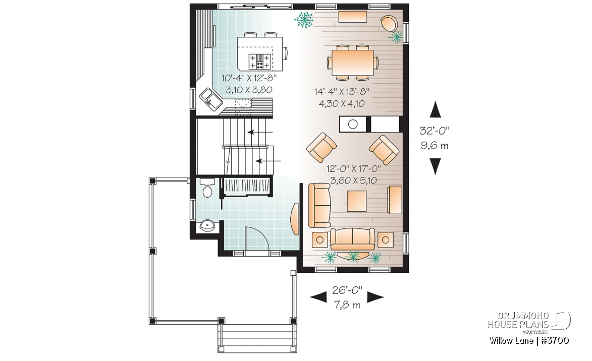 1st level - 2-story traditional home plan with wrap around porch, 3 bedrooms, 2-sided fireplace, kitchen island - Willow Lane