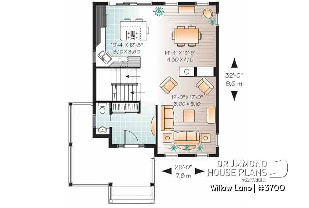 1st level - 2-story traditional home plan with wrap around porch, 3 bedrooms, 2-sided fireplace, kitchen island - Willow Lane