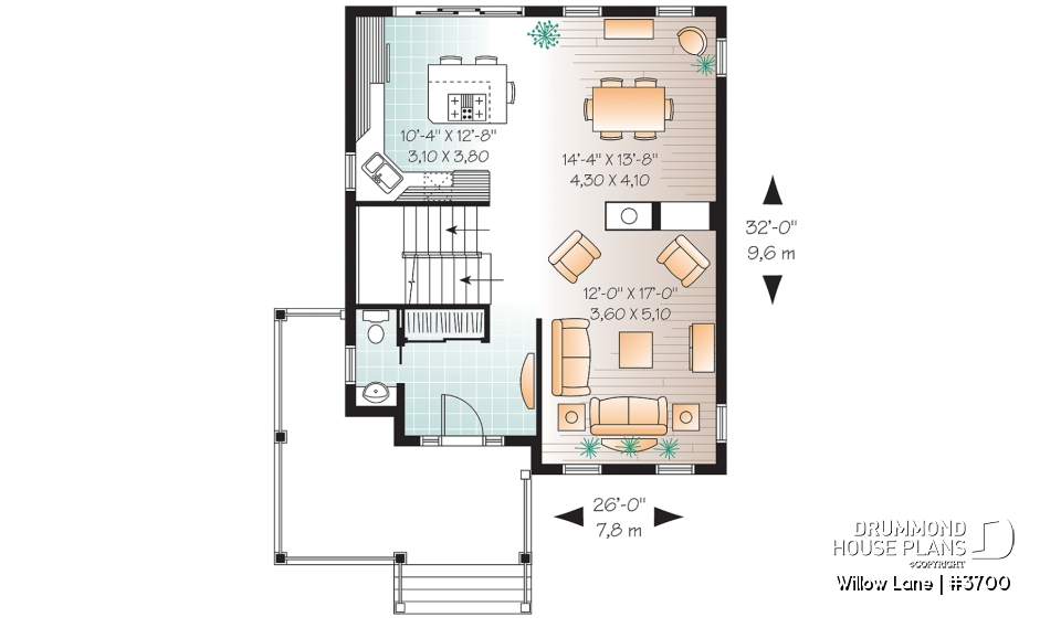 1st level - 2-story traditional home plan with wrap around porch, 3 bedrooms, 2-sided fireplace, kitchen island - Willow Lane