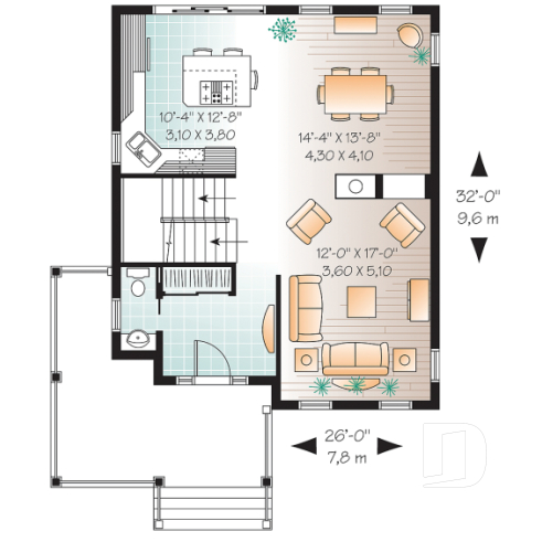 1st level - 2-story traditional home plan with wrap around porch, 3 bedrooms, 2-sided fireplace, kitchen island - Willow Lane