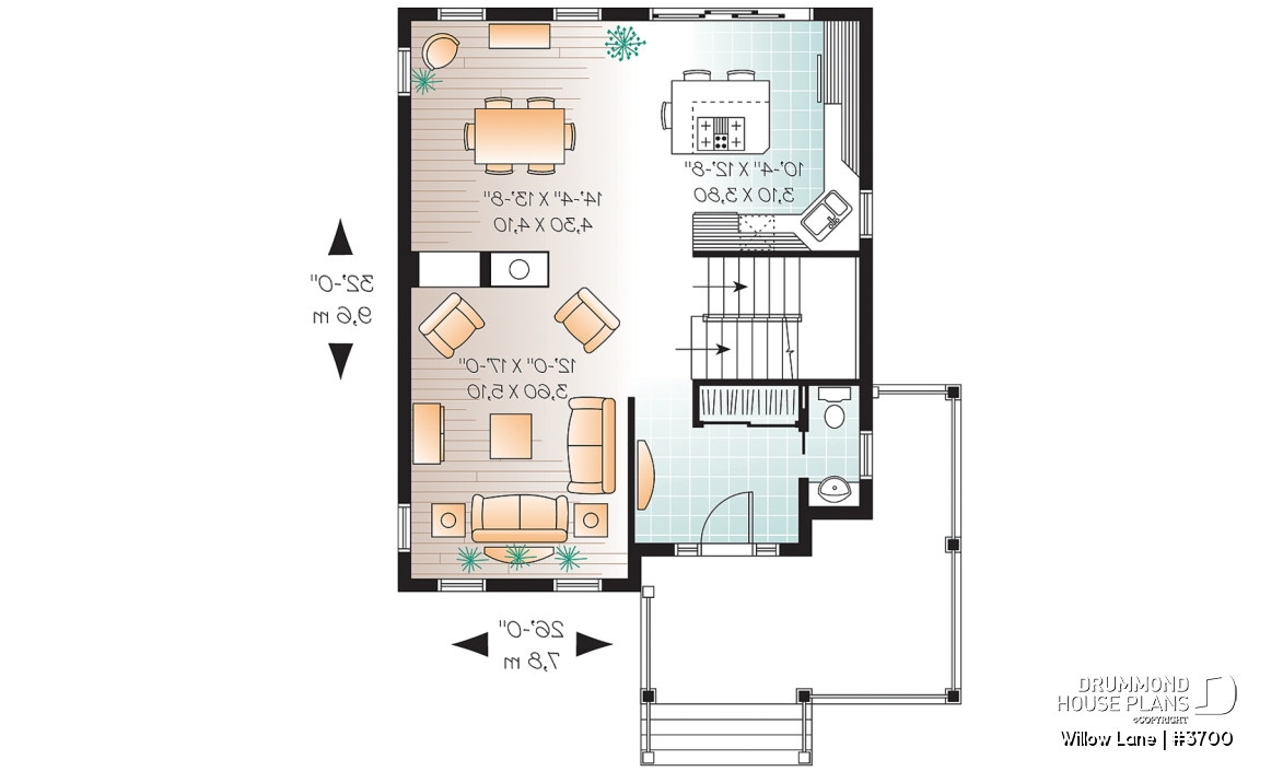 1st level - 2-story traditional home plan with wrap around porch, 3 bedrooms, 2-sided fireplace, kitchen island - Willow Lane