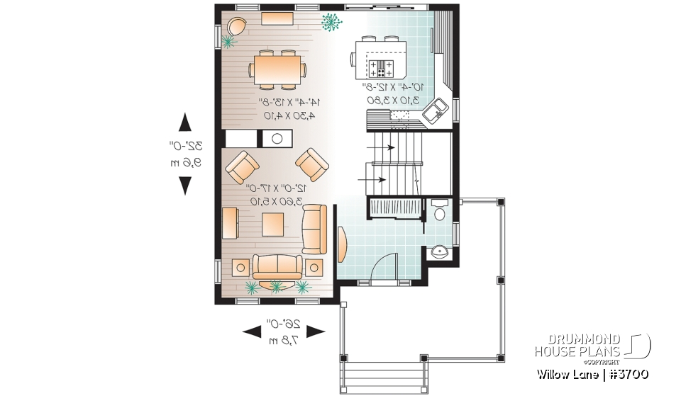 1st level - 2-story traditional home plan with wrap around porch, 3 bedrooms, 2-sided fireplace, kitchen island - Willow Lane