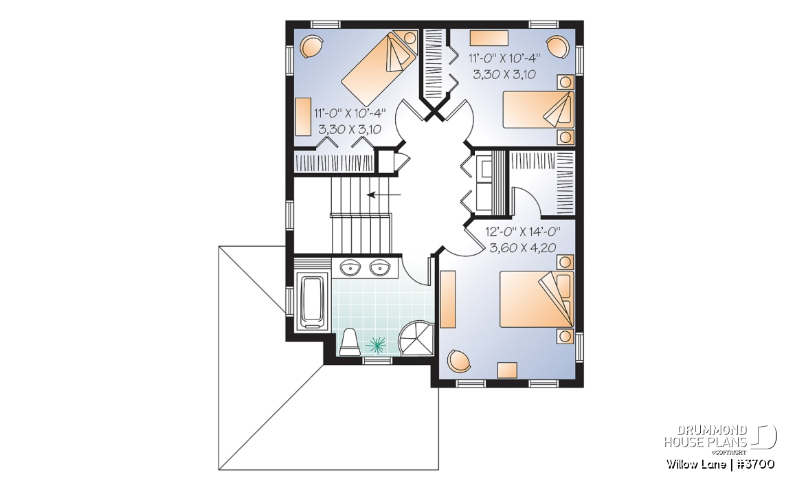 2nd level - 2-story traditional home plan with wrap around porch, 3 bedrooms, 2-sided fireplace, kitchen island - Willow Lane
