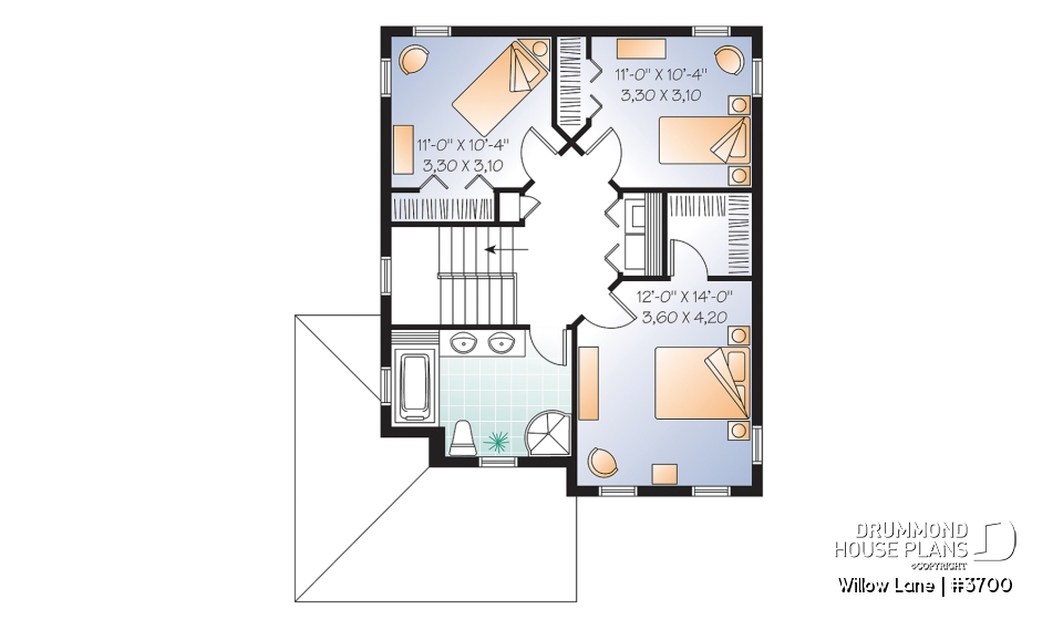 2nd level - 2-story traditional home plan with wrap around porch, 3 bedrooms, 2-sided fireplace, kitchen island - Willow Lane