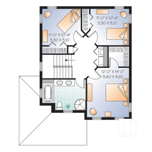 2nd level - 2-story traditional home plan with wrap around porch, 3 bedrooms, 2-sided fireplace, kitchen island - Willow Lane