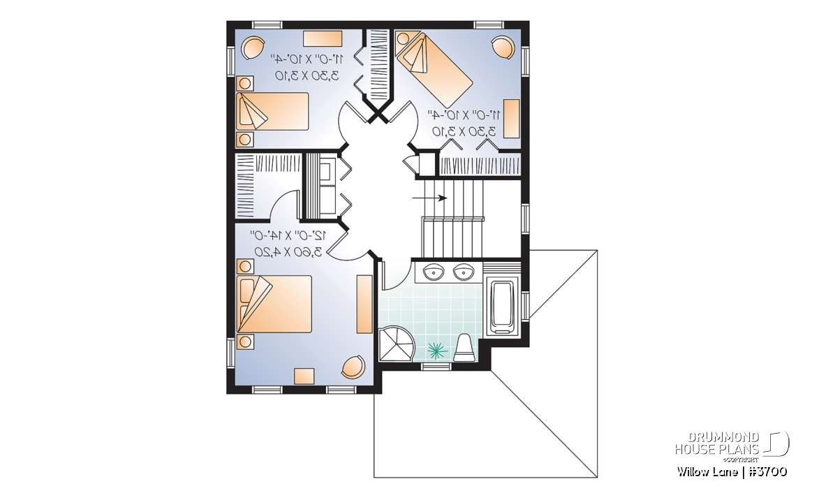 2nd level - 2-story traditional home plan with wrap around porch, 3 bedrooms, 2-sided fireplace, kitchen island - Willow Lane