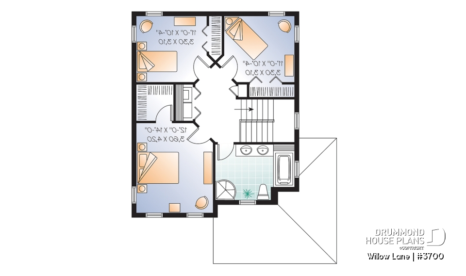 2nd level - 2-story traditional home plan with wrap around porch, 3 bedrooms, 2-sided fireplace, kitchen island - Willow Lane