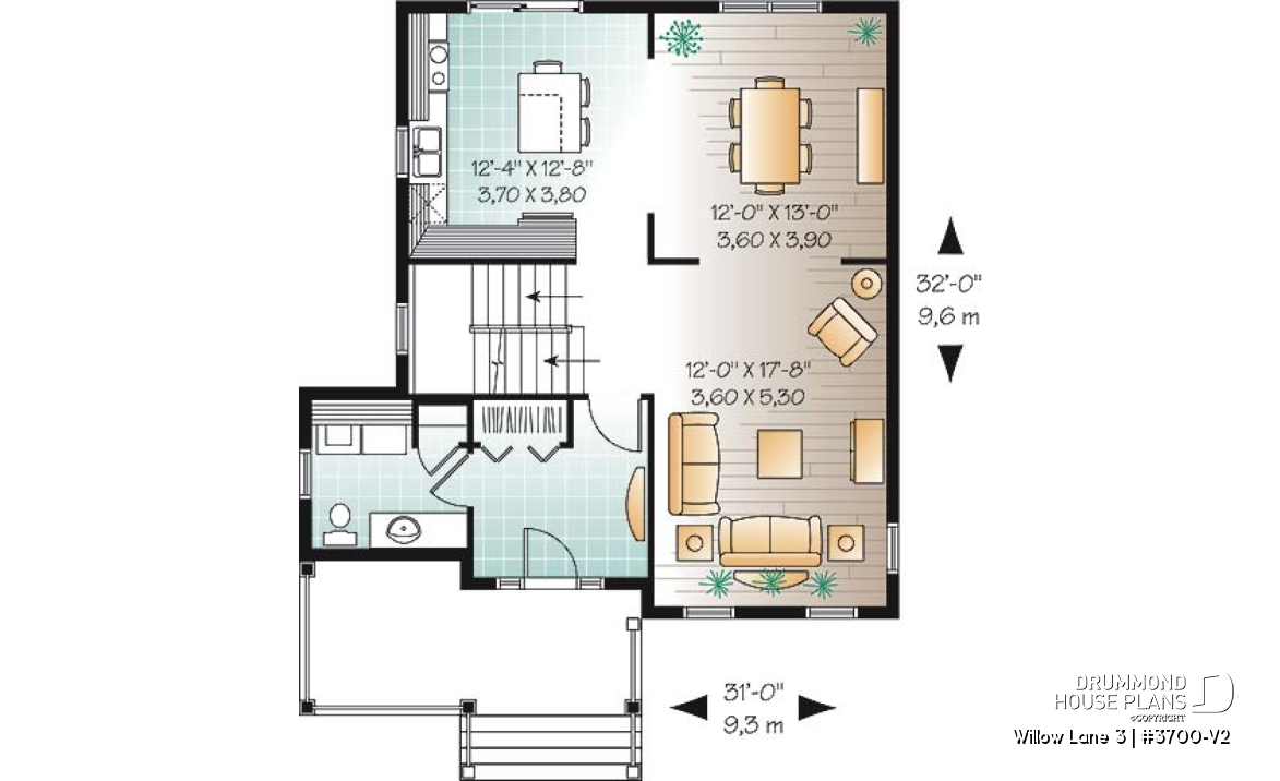 1st level - 3 bedroom traditional home design, large closed foyer, laundry room on main floor, kitchen island - Willow Lane 3