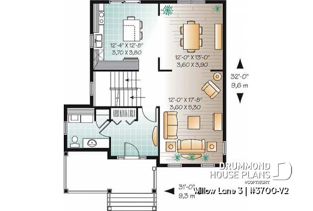 1st level - 3 bedroom traditional home design, large closed foyer, laundry room on main floor, kitchen island - Willow Lane 3