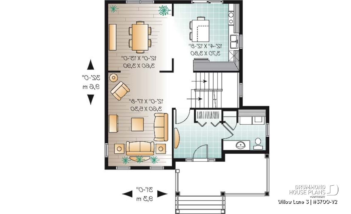 1st level - 3 bedroom traditional home design, large closed foyer, laundry room on main floor, kitchen island - Willow Lane 3