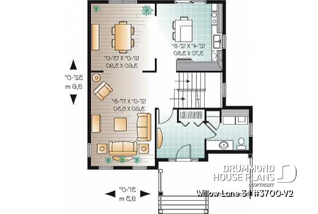 1st level - 3 bedroom traditional home design, large closed foyer, laundry room on main floor, kitchen island - Willow Lane 3