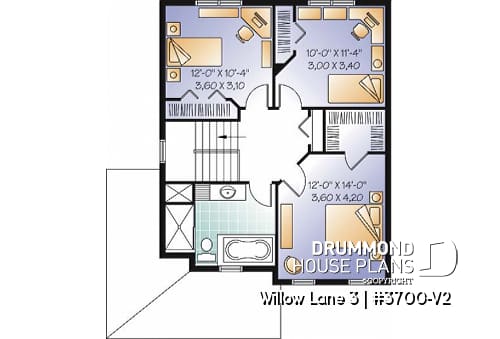 2nd level - 3 bedroom traditional home design, large closed foyer, laundry room on main floor, kitchen island - Willow Lane 3