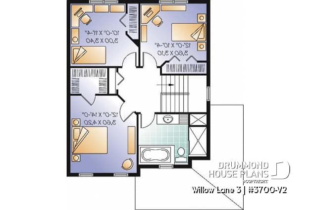 2nd level - 3 bedroom traditional home design, large closed foyer, laundry room on main floor, kitchen island - Willow Lane 3
