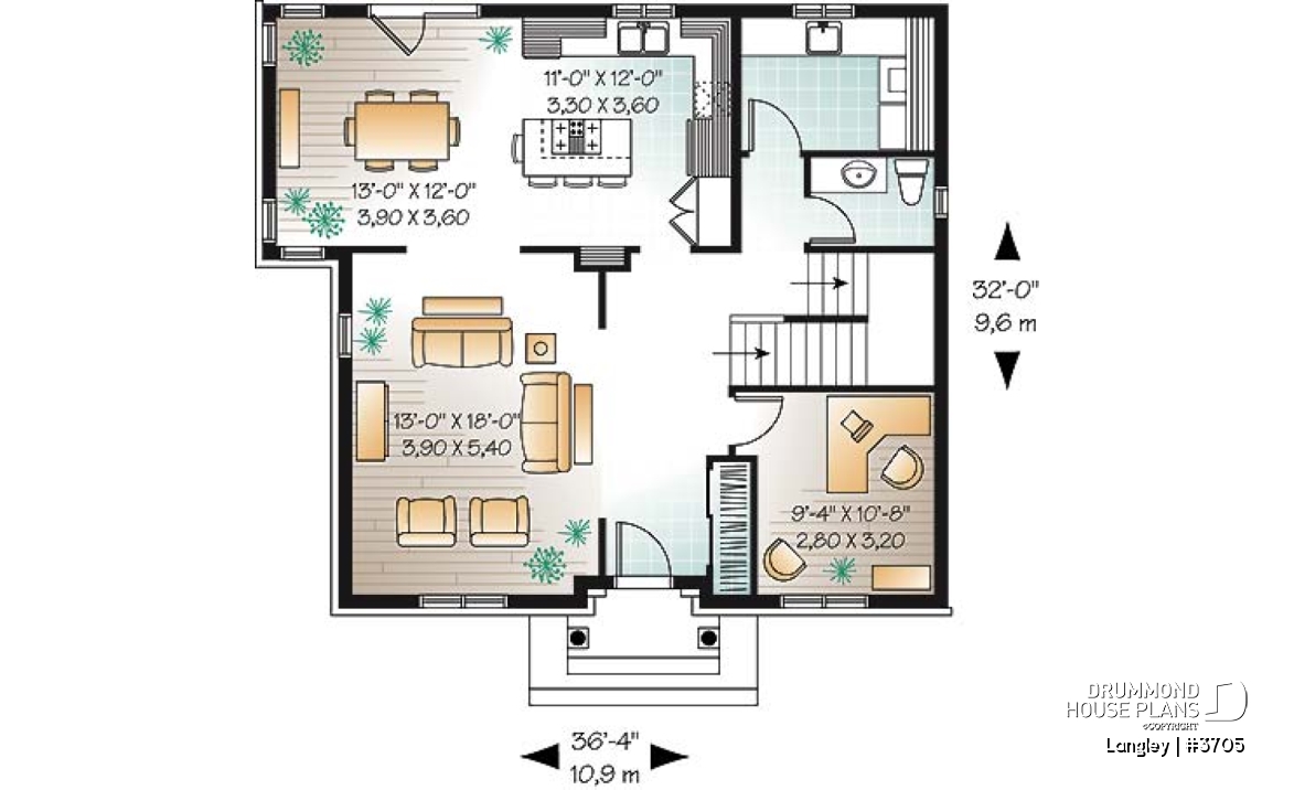1st level - English style 4 bedroom home design with home office, 2.5 baths, kitchen island, laundry room - Langley